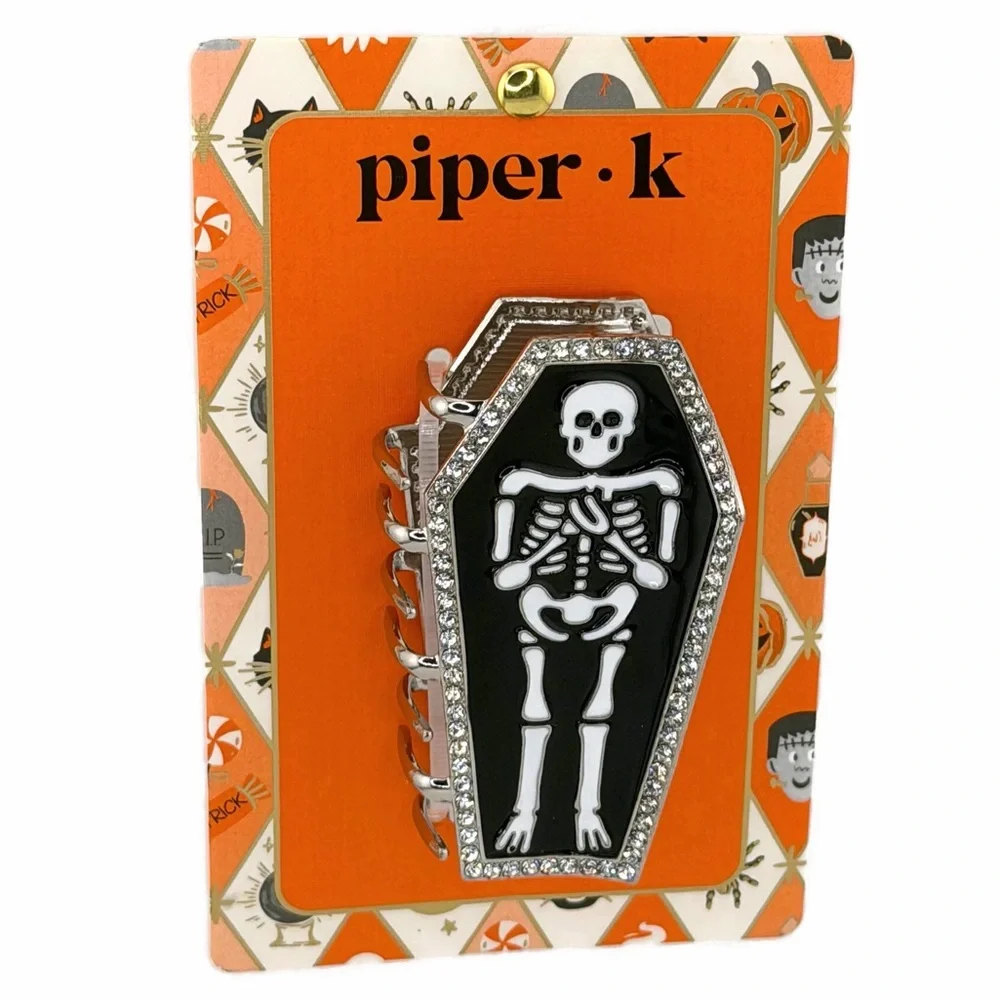 Piper K Halloween Goth Skeleton Casket Claw Clip Silver Tone Rhinestones.